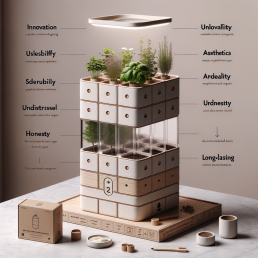 Product Concept: Modular Herb Garden for Kitchens Style: Minimalist with a touch of Scandinavian aesthetics—clean lines, functional, and made with sustainable, high-quality materials. Brand: 