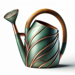 Product: TerraLife Biophilic Watering Can Description: The TerraLife Biophilic Watering Can is a beautifully designed watering can inspired by nature and sustainability. Its form mimics the flowing curves of a leaf, with a matte green finish that resembles oxidized copper. The handle is ergonomically designed for a comfortable grip and is made from sustainable bamboo. The spout of the watering can is designed to provide a gentle and even flow of water, perfect for nurturing plants without causing waterlogging. Additionally, the TerraLife Biophilic Watering Can features a built-in water filtration system that removes impurities, ensuring that plants receive pure and clean water. This product not only serves a functional purpose but also enhances the overall aesthetic of a garden or indoor plant collection.