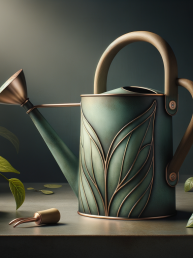 Product: TerraLife Biophilic Watering Can Description: The TerraLife Biophilic Watering Can is a beautifully designed watering can inspired by nature and sustainability. Its form mimics the flowing curves of a leaf, with a matte green finish that resembles oxidized copper. The handle is ergonomically designed for a comfortable grip and is made from sustainable bamboo. The spout of the watering can is designed to provide a gentle and even flow of water, perfect for nurturing plants without causing waterlogging. Additionally, the TerraLife Biophilic Watering Can features a built-in water filtration system that removes impurities, ensuring that plants receive pure and clean water. This product not only serves a functional purpose but also enhances the overall aesthetic of a garden or indoor plant collection.
