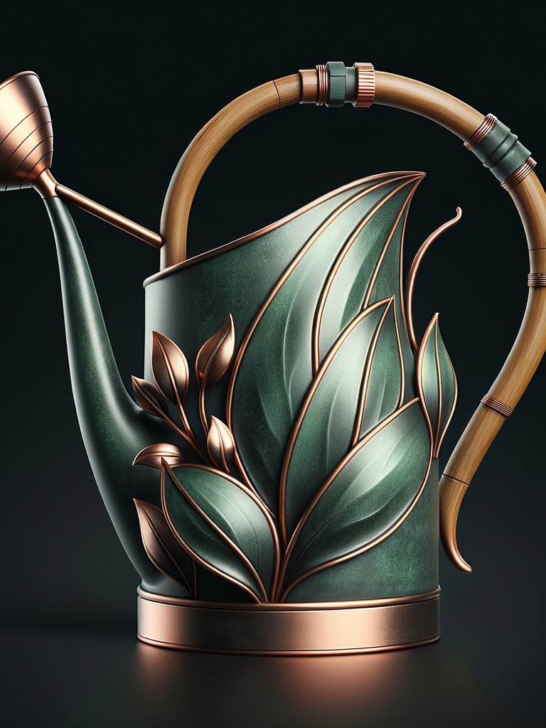 Product: TerraLife Biophilic Watering Can Description: The TerraLife Biophilic Watering Can is a beautifully designed watering can inspired by nature and sustainability. Its form mimics the flowing curves of a leaf, with a matte green finish that resembles oxidized copper. The handle is ergonomically designed for a comfortable grip and is made from sustainable bamboo. The spout of the watering can is designed to provide a gentle and even flow of water, perfect for nurturing plants without causing waterlogging. Additionally, the TerraLife Biophilic Watering Can features a built-in water filtration system that removes impurities, ensuring that plants receive pure and clean water. This product not only serves a functional purpose but also enhances the overall aesthetic of a garden or indoor plant collection.