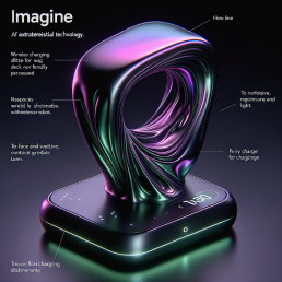 Product Concept: Alien-Inspired Technology Charging Dock Style: Futuristic, Alien-like, Organic Brand: Area 51 Tech Inspirational Designer: Ross Lovegrove, known for his organic, futuristic designs. Description: This charging dock is inspired by the aesthetics of extraterrestrial life and technology. The dock will be standing at about 30 cm in height, with sleek, flowing lines and an irregular, almost amorphous shape, mimicking the concept of an alien artifact. The primary color will be a deep, shimmering cosmic purple. The dock's unique feature will be its ability to charge multiple devices wirelessly at once, with designated slots or surfaces for a smartphone, smartwatch, and wireless earphones. Imagine a console in an alien spaceship, full of flowing lines, lights, and seamless technology integration. The interaction with the product should also be unique. The charging surfaces will appear when the user gently presses on certain parts of the product, revealing itself from the otherwise smooth surface. When not in use, it can double as a decorative, ambient lamp, emitting a soft, alien-green glow. A small, touch-sensitive, holographic interface allows users to control the brightness of the lamp and monitor the charging status of their devices. This product is designed to blur the lines between technology and art, and to challenge the traditional, boxy design of most tech products.