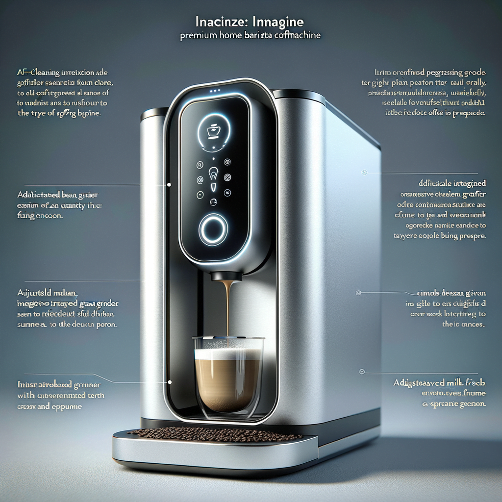 Product: Transformative Home Barista Coffee Machine Style: Futuristic Minimalism Brand: Breville Inspirational Designer: Dieter Rams Description: Picture a high-end coffee machine that not only stands out in your kitchen but also enhances your daily coffee ritual. The Transformative Home Barista Coffee Machine is a compact, yet powerful device capable of making various types of coffee with a single touch. The size is about the same as a standard coffee machine, fitting nicely under your kitchen cabinets. The design follows a futuristic minimalism aesthetic, featuring a sleek, brushed silver aluminum casing and an interactive touch LED screen that guides you through the brewing process. The LED screen is hidden when not in use, creating a seamless and clean surface area. The machine transforms from a simple, minimalist block into a complex, interactive device once it's switched on. The machine's unique features include a self-cleaning function and an integrated bean grinder that adjusts the grind size and amount depending on the type of coffee you're making. It also includes a built-in milk frother and temperature sensor to ensure the perfect brew every time. The design should reflect the premium nature of Breville products, as well as the functional, user-friendly design philosophy of Dieter Rams. Imagine a product that's as beautiful to look at as it is to use, turning your morning coffee habit into a luxury experience. user