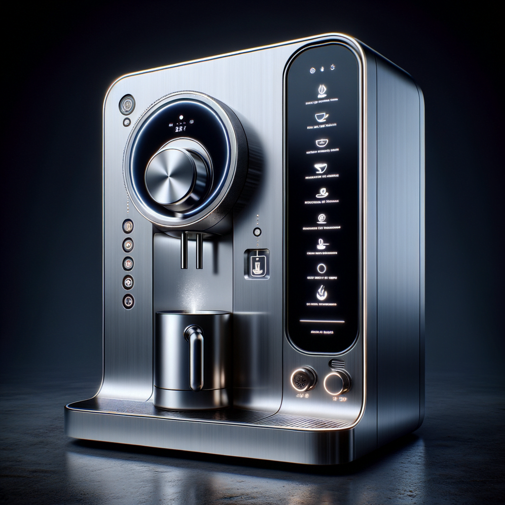 Product: Transformative Home Barista Coffee Machine Style: Futuristic Minimalism Brand: Breville Inspirational Designer: Dieter Rams Description: Picture a high-end coffee machine that not only stands out in your kitchen but also enhances your daily coffee ritual. The Transformative Home Barista Coffee Machine is a compact, yet powerful device capable of making various types of coffee with a single touch. The size is about the same as a standard coffee machine, fitting nicely under your kitchen cabinets. The design follows a futuristic minimalism aesthetic, featuring a sleek, brushed silver aluminum casing and an interactive touch LED screen that guides you through the brewing process. The LED screen is hidden when not in use, creating a seamless and clean surface area. The machine transforms from a simple, minimalist block into a complex, interactive device once it's switched on. The machine's unique features include a self-cleaning function and an integrated bean grinder that adjusts the grind size and amount depending on the type of coffee you're making. It also includes a built-in milk frother and temperature sensor to ensure the perfect brew every time. The design should reflect the premium nature of Breville products, as well as the functional, user-friendly design philosophy of Dieter Rams. Imagine a product that's as beautiful to look at as it is to use, turning your morning coffee habit into a luxury experience. user