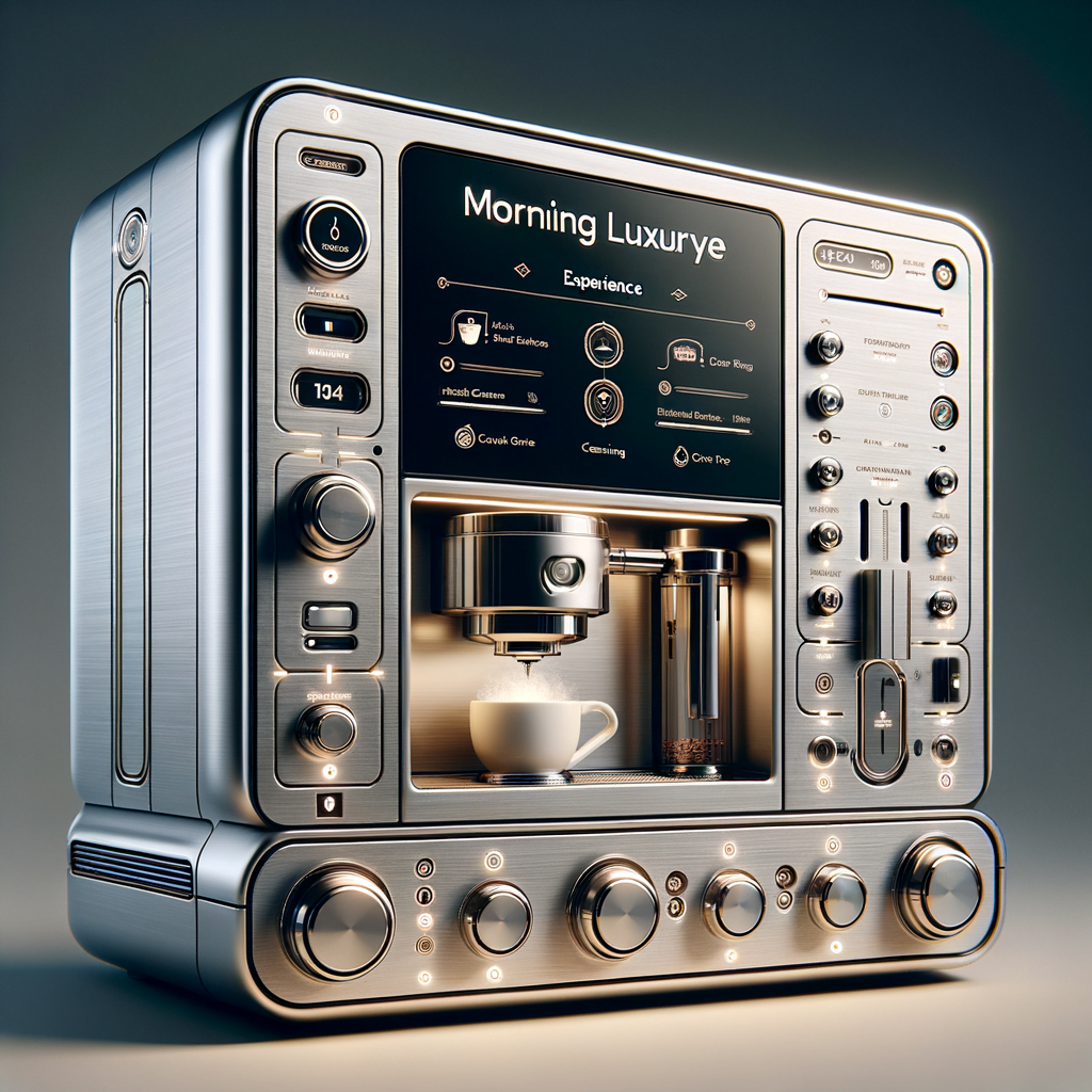 Product: Transformative Home Barista Coffee Machine Style: Futuristic Minimalism Brand: Breville Inspirational Designer: Dieter Rams Description: Picture a high-end coffee machine that not only stands out in your kitchen but also enhances your daily coffee ritual. The Transformative Home Barista Coffee Machine is a compact, yet powerful device capable of making various types of coffee with a single touch. The size is about the same as a standard coffee machine, fitting nicely under your kitchen cabinets. The design follows a futuristic minimalism aesthetic, featuring a sleek, brushed silver aluminum casing and an interactive touch LED screen that guides you through the brewing process. The LED screen is hidden when not in use, creating a seamless and clean surface area. The machine transforms from a simple, minimalist block into a complex, interactive device once it's switched on. The machine's unique features include a self-cleaning function and an integrated bean grinder that adjusts the grind size and amount depending on the type of coffee you're making. It also includes a built-in milk frother and temperature sensor to ensure the perfect brew every time. The design should reflect the premium nature of Breville products, as well as the functional, user-friendly design philosophy of Dieter Rams. Imagine a product that's as beautiful to look at as it is to use, turning your morning coffee habit into a luxury experience. user