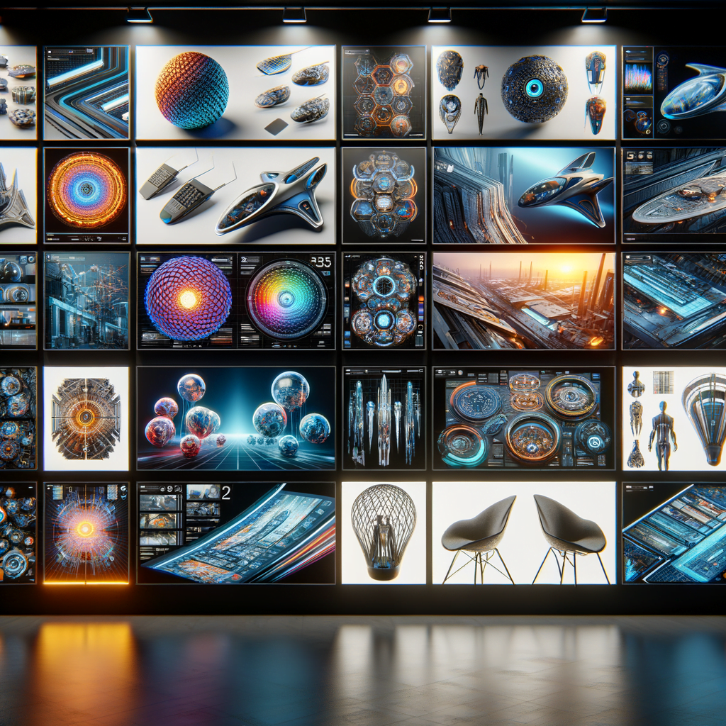 group of high level prodcut design renderigns on screens