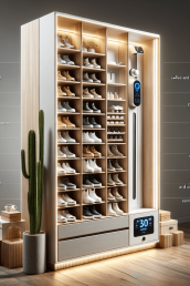 Style: Modern Minimalist Brand: Nordic Living Inspiration: Sleek modern furniture design, high-tech features, and the beauty of footwear artistry Product Details: This innovative shoe storage and catalog unit will be a blend of practicality, modern design, and state-of-the-art technology. The unit will be about the size of a regular wardrobe (around 6 feet tall and 4 feet wide), with a combination of white and natural oak color, and equipped with touch-sensitive screens on the front. The clean and minimalist aesthetic will ensure it integrates seamlessly with any modern home decor. The storage unit will use a robotic arm system that automatically collects shoes placed in a drop-off section. It will then scan and catalog each shoe by its type, color, brand, and size. Users can easily find their shoes by accessing the digital catalog via the touchscreen panel or via a mobile app. To maintain the shoes in the best condition, the unit will also be equipped with a climate control system to adjust humidity and temperature. UV light sanitation can be activated as needed to help keep shoes fresh and clean. Additionally, the storage system will feature soft LED lighting that accentuates the shoes and creates a warm, welcoming ambiance in the room. The LED lights can be adjusted in intensity and color. This unit represents the perfect amalgamation of tech and lifestyle, creating a functional piece that doubles as a focal point for any home setting. This product will be a fun and challenging design to sketch, with its blend of architectural elements and technology. And remember, the beauty of design is that it's always evolving, just like our wonderful city of Austin, Texas.